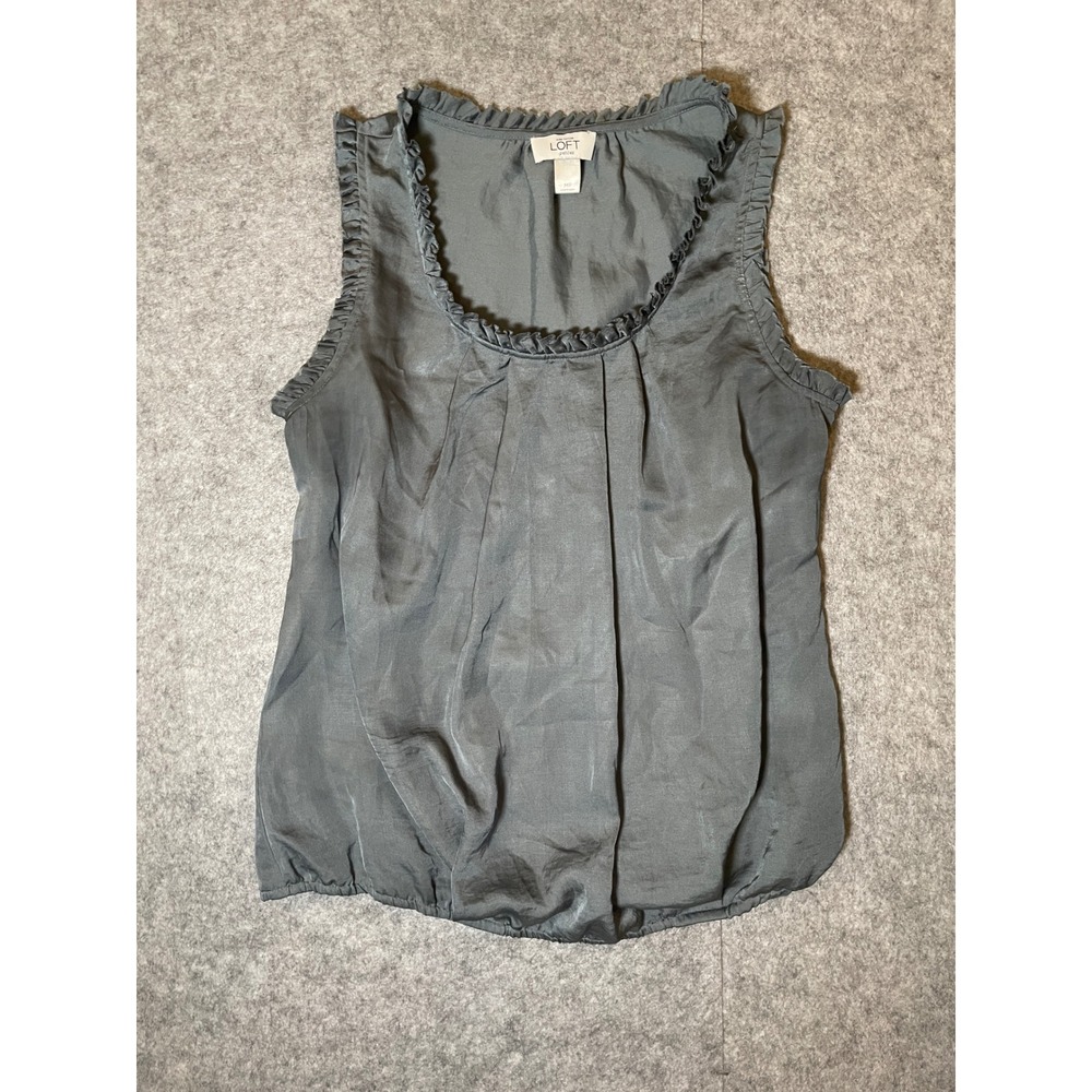 Ann Taylor Loft Petites Gray Ruffle Scoop Neck Pleated Bubble Hem Blouse MP